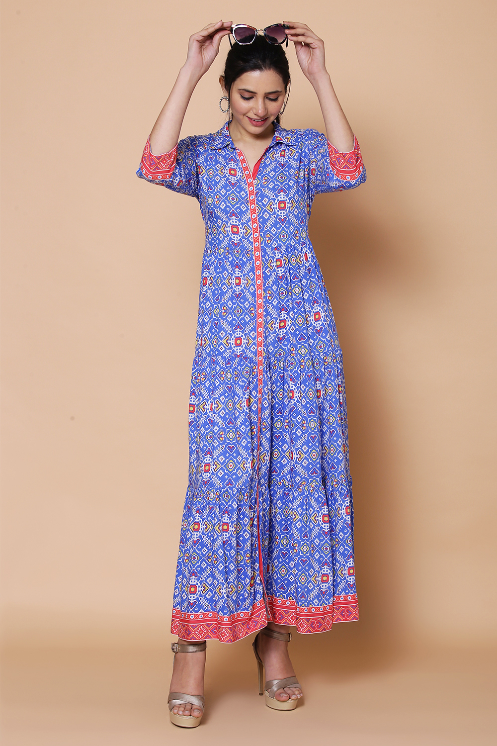 Blue Viscose Rayon Tired Dress image number 6