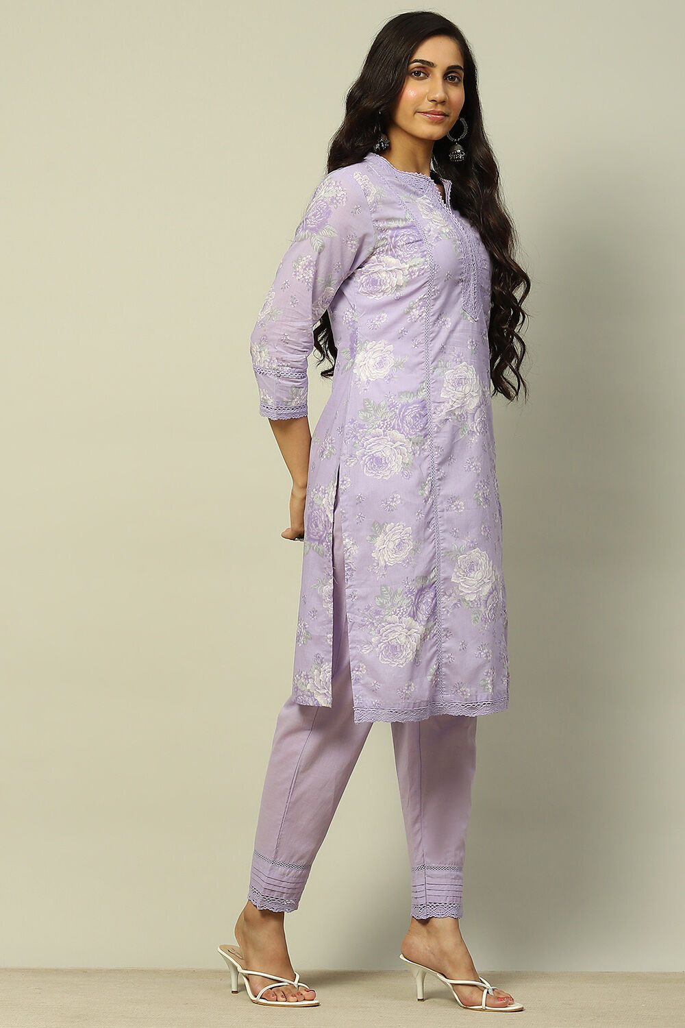 Lilac Cotton Printed Straight Suit Set image number 5