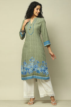 Green LIVA Straight Printed Kurta image number 5