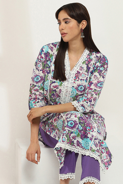 Purple Cotton Floral Straight Kurta Set image number 6