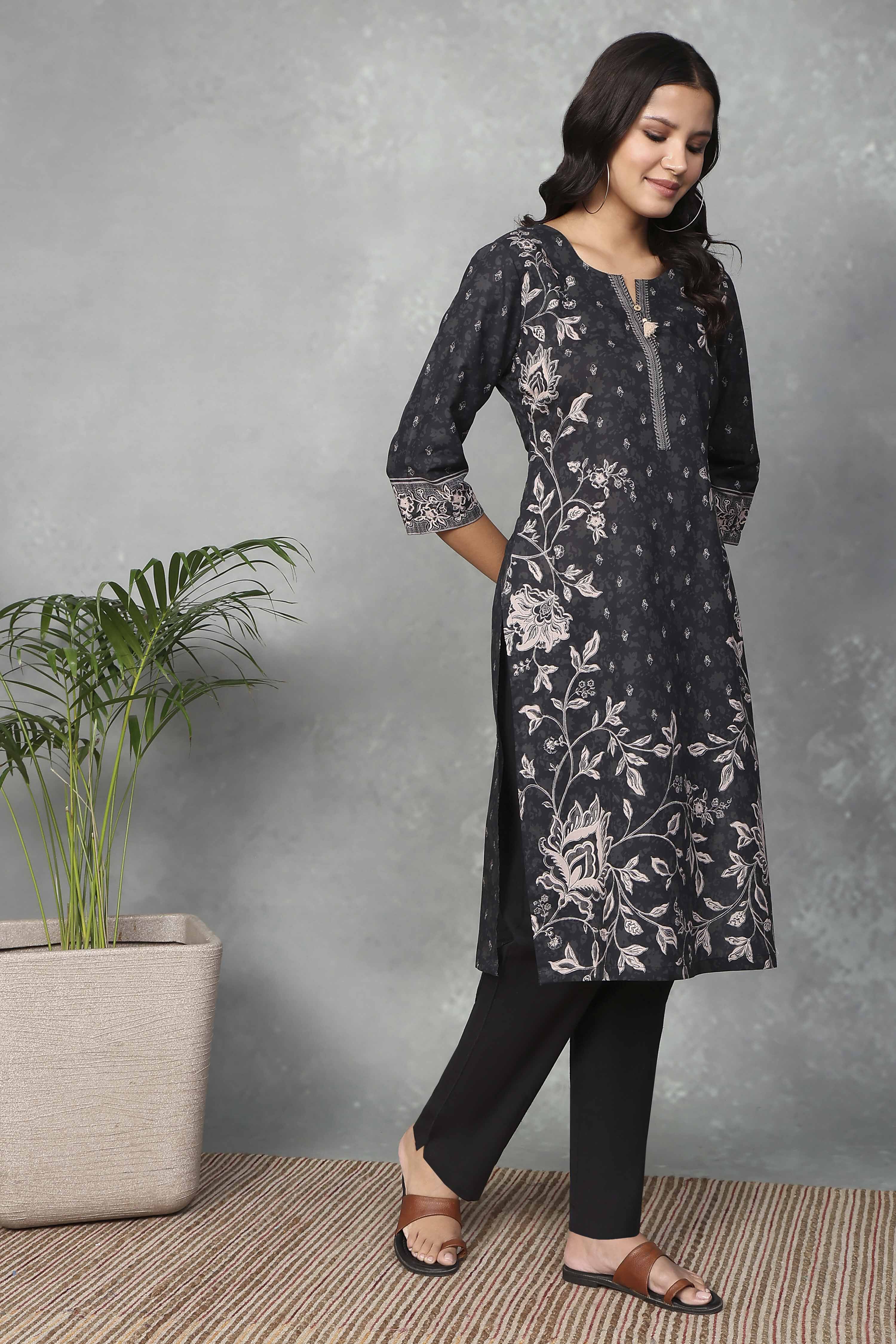 Black Cotton Printed Straight Kurta image number 4