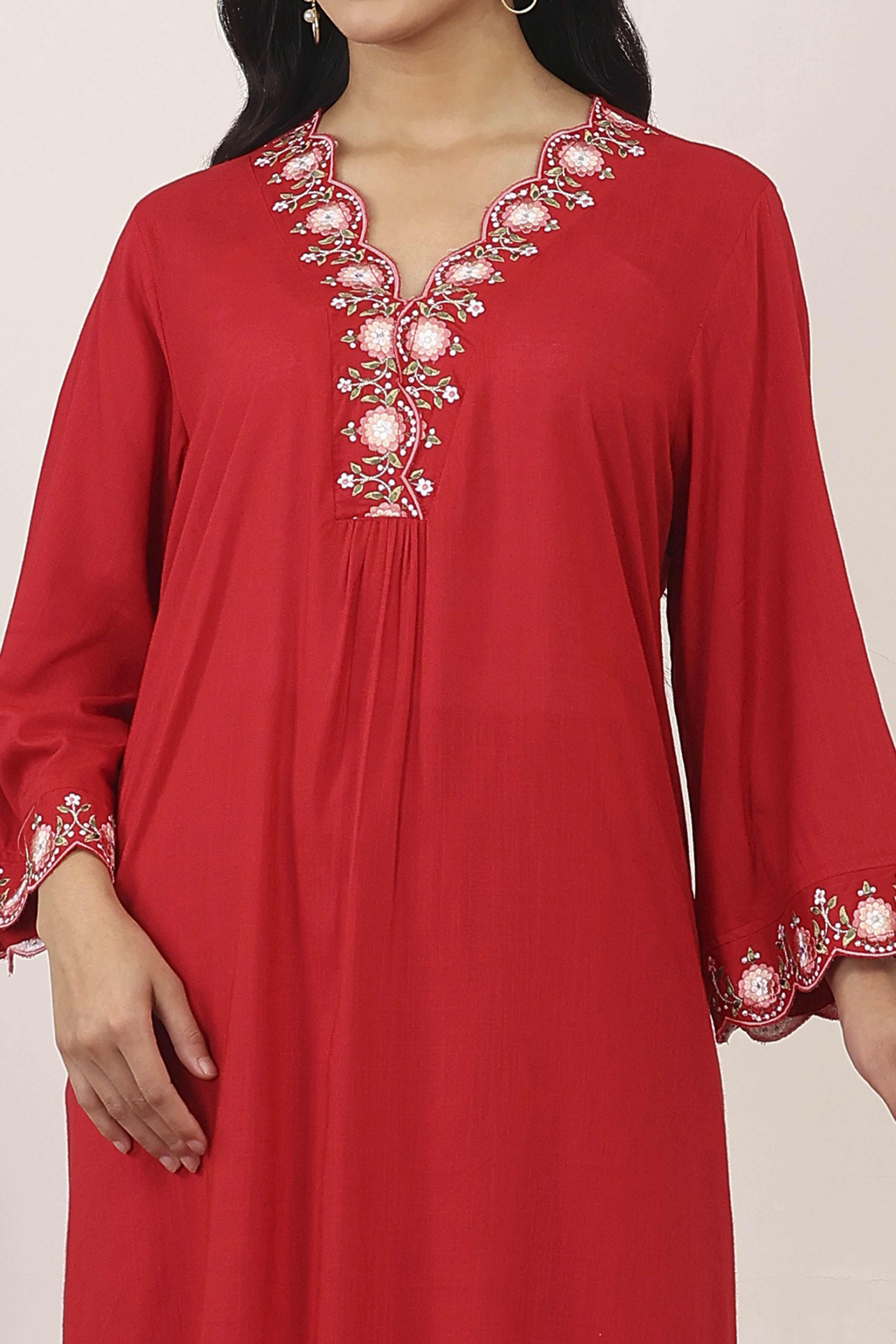 Red Rayon Viscose Rayon Kurta Pants Set image number 1