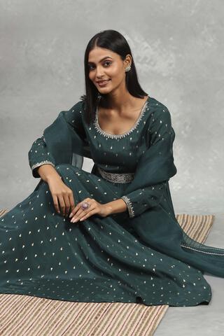 Rangriti Green Viscose Rayon Printed Anarkali Dress Midi HEVFS22414AW25GRN in Green