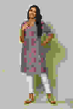 Grey LIVA Straight Printed Kurta image number 5