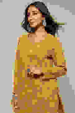 Mustard Circular Jacquard Straight Printed Kurta Palazzo Suit Set image number 1