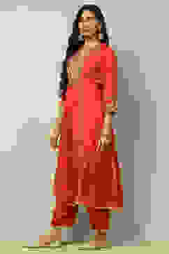 Rust Viscose Shantoon Embroidered A-line Kurta image number 2