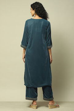 Teal Polyester Straight Printed Kurta Palazzo Suit Set image number 5