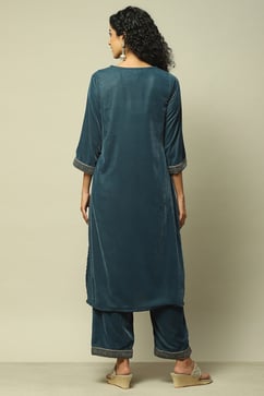 Teal Polyester Straight Printed Kurta Palazzo Suit Set image number 5