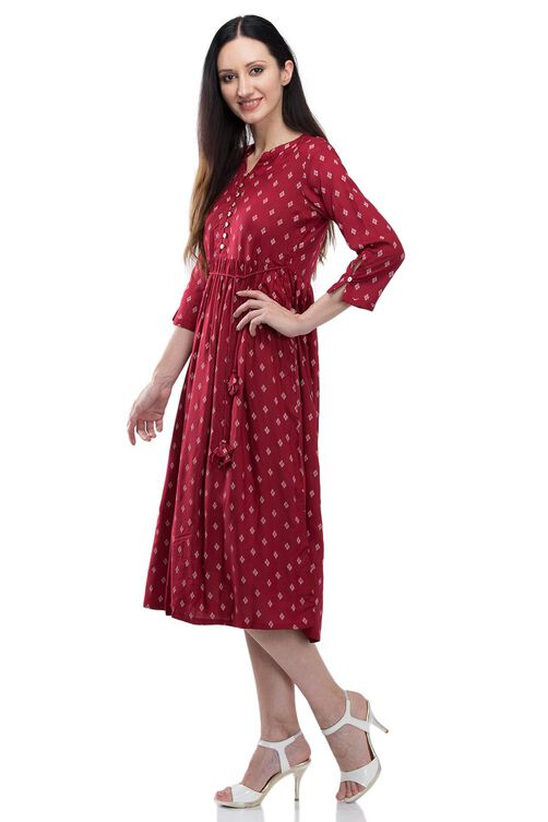 Maroon Flared Viscose Dress image number 2