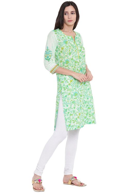 Green Cotton A-Line Kurta image number 2