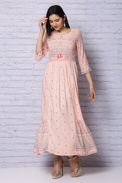 Peach Viscose Rayon Flared Dress image number 1