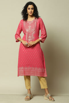 Pink Polyester Straight Printed Kurta image number 5