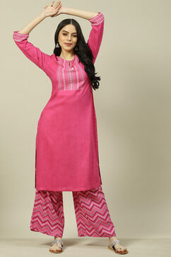 Pink LIVA Woven Straight Kurta Suit Set image number 5