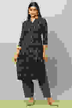 Navy Blue Viscose Blend Straight Printed Kurta Salwar Suit Set image number 6