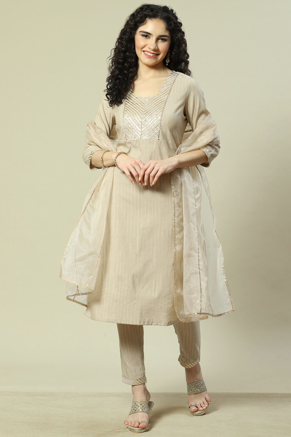 Beige Viscose Woven Straight Kurta Suit Set image number 7