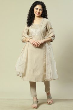 Beige Viscose Woven Straight Kurta Suit Set image number 7