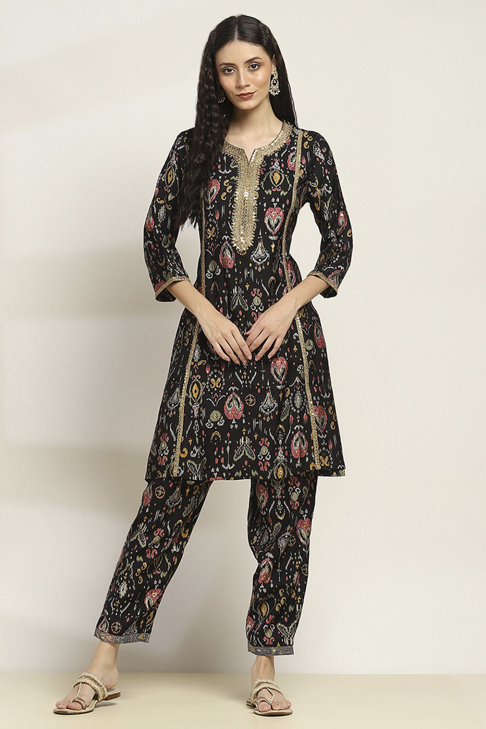 Black Viscose Blend Printed A-Line Kurta Pants Set image number 6