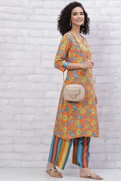 Orange LIVA Kurta Pants Set image number 6