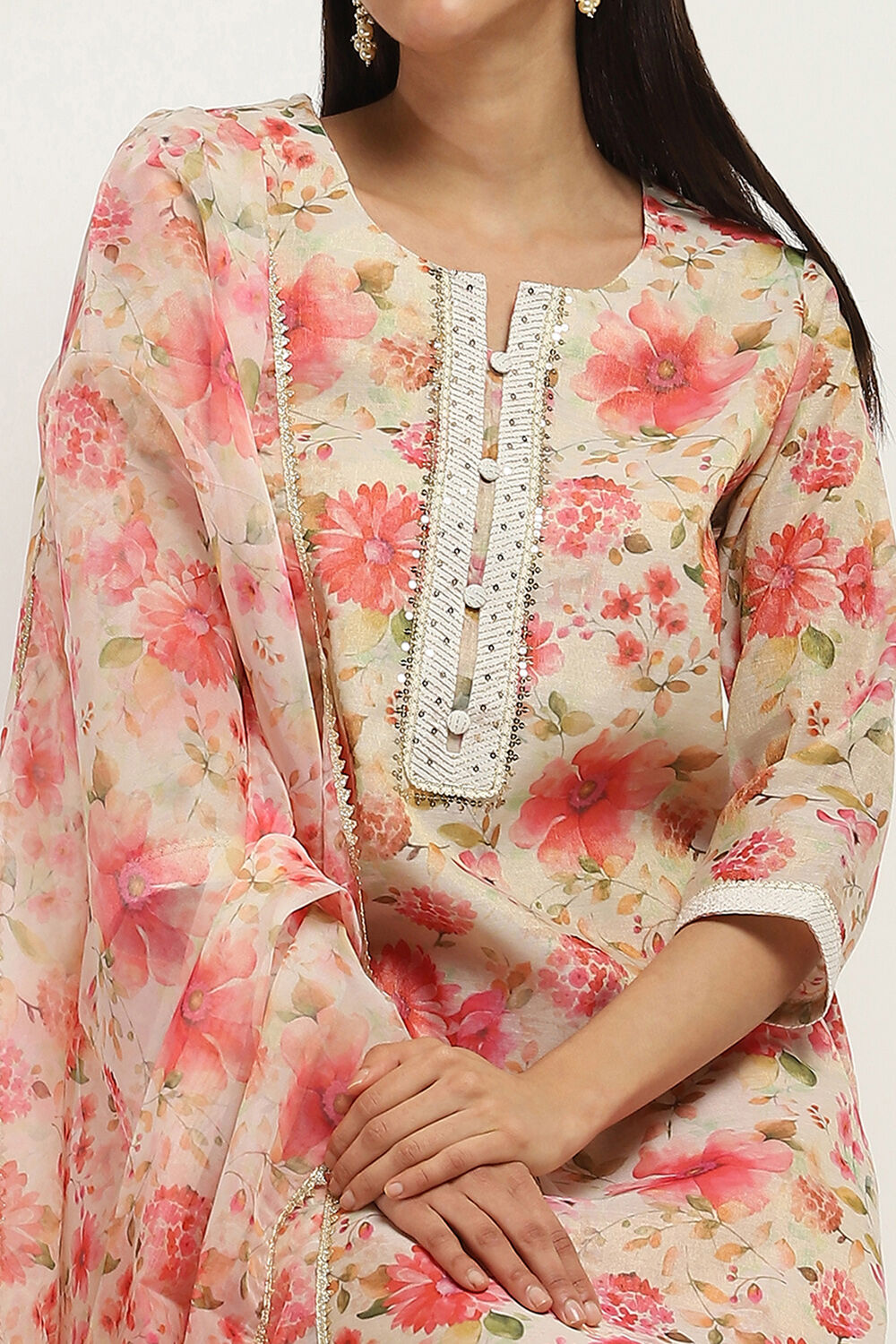 Beige and Pink Floral Straight Suit Set image number 1