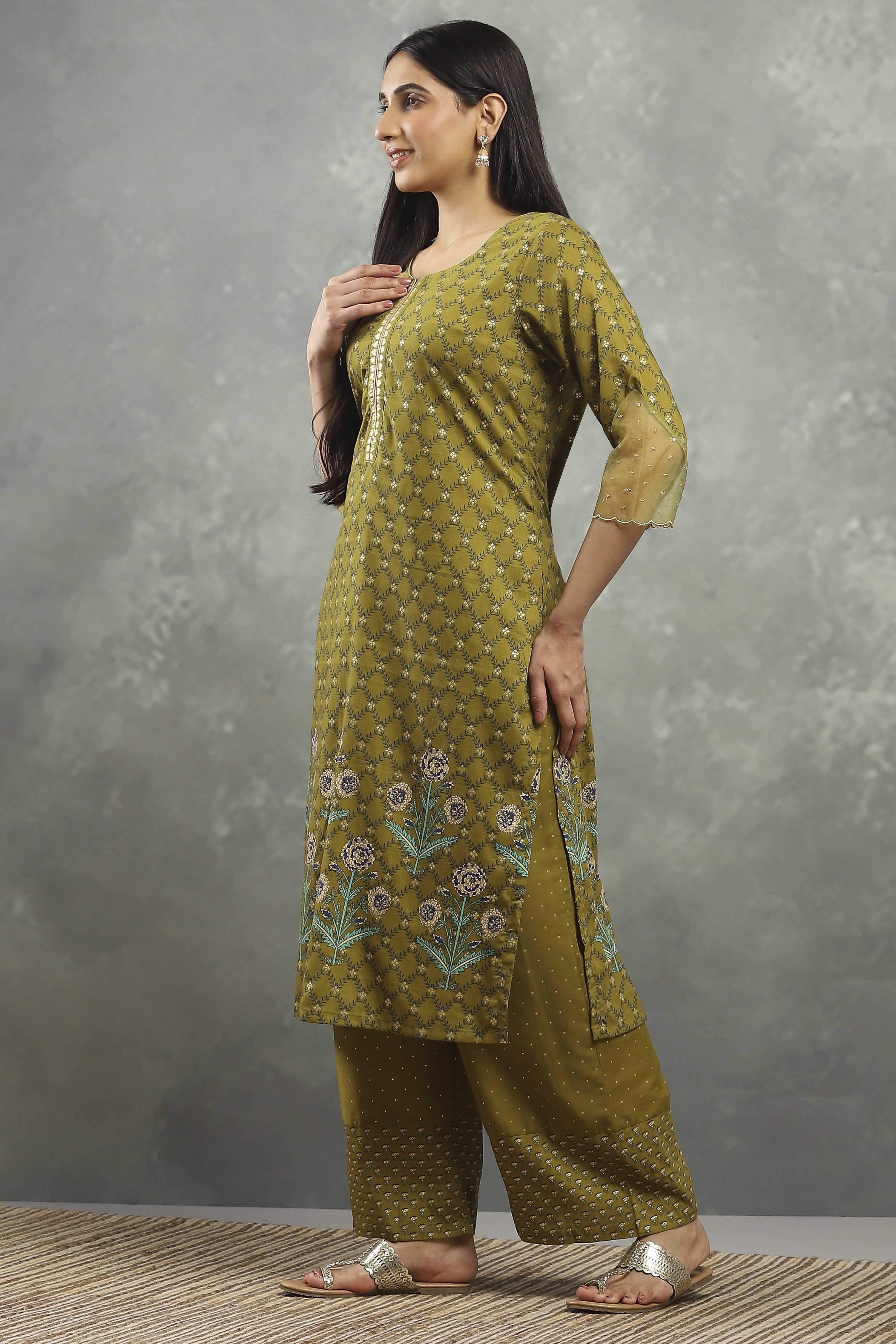 Green Polyester Straight Kurta Pants Set image number 3