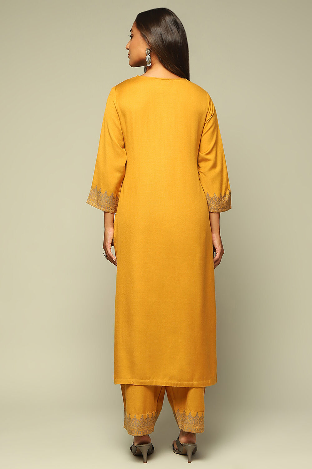 Mustard Acrylic A-Line Yarn Dyed Kurta Palazzo Suit Set image number 4