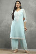 Sky Blue Polyester Straight Kurta Pants Set image number 6