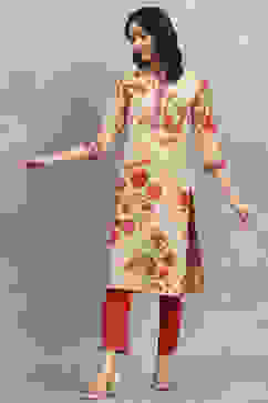 Beige Floral Printed Straight Kurta image number 0