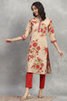 Beige Floral Printed Straight Kurta