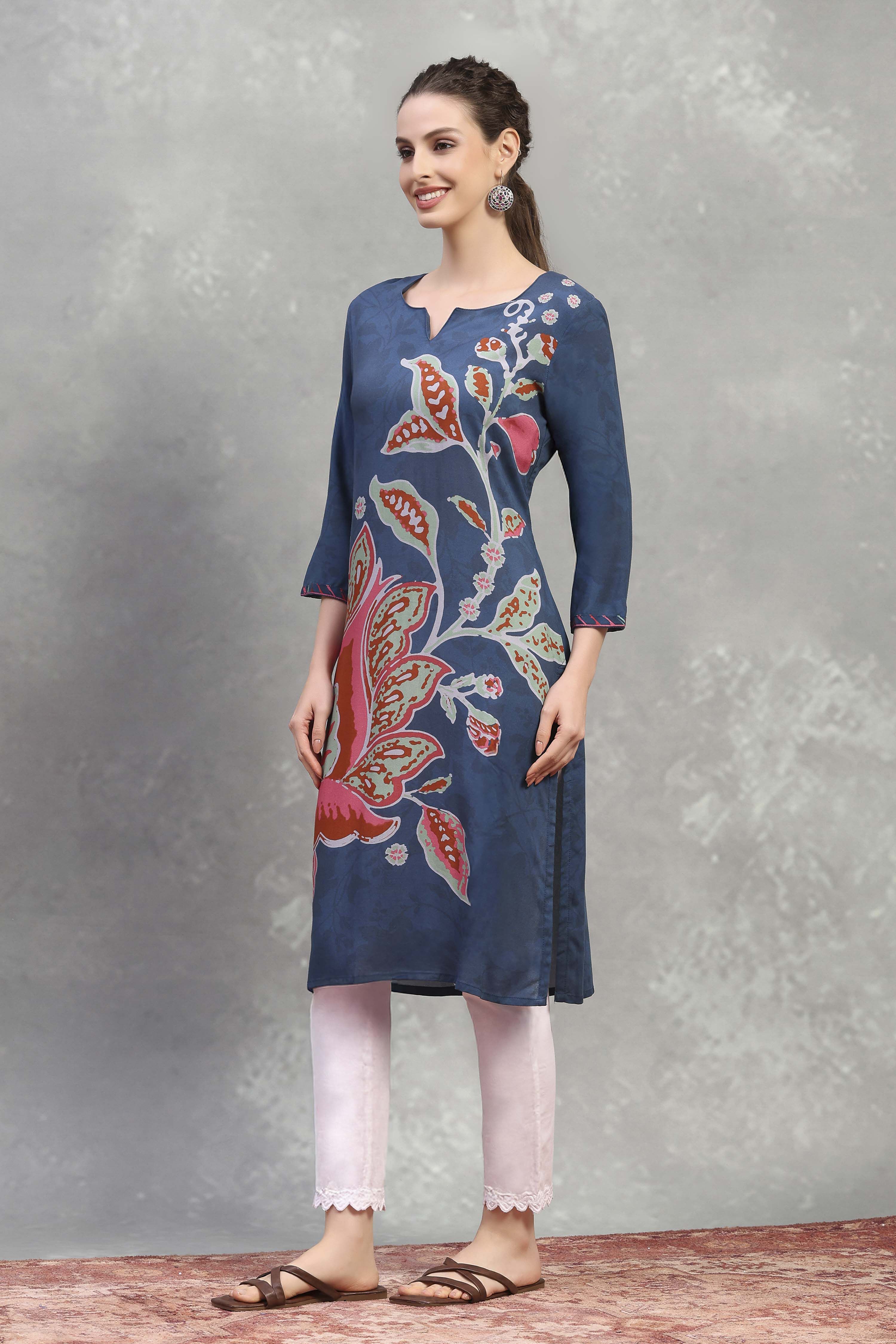 Blue Viscose Rayon Printed Straight Kurta image number 2