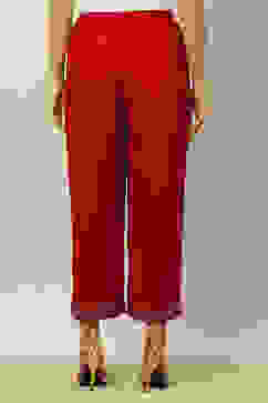 Red Rayon Slub Straight Palazzos image number 5