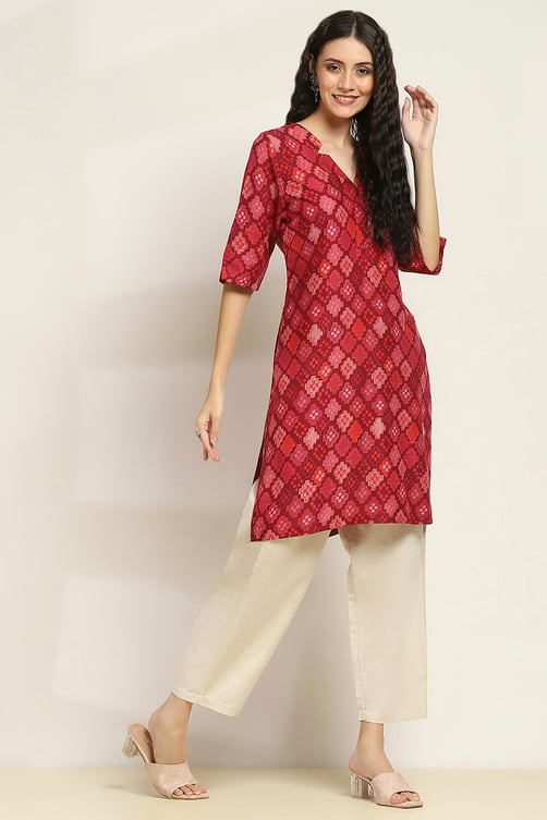 Red Printed Straight Kurta image number 4