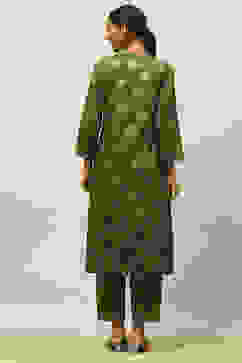 Green Viscose Blend Gathered Printed Kurta Salwar Suit Set image number 4