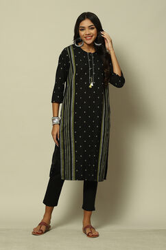 Black Cotton Straight Yarndyed Kurta image number 5