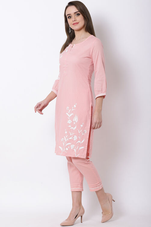 Peach Cotton Straight Kurta image number 2