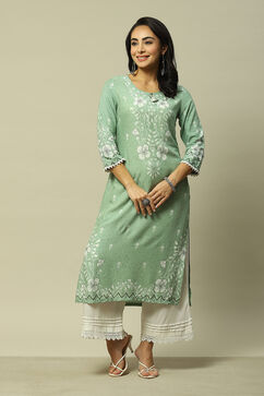 Green LIVA Straight Printed Kurta image number 5