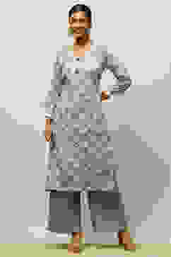 Grey Viscose Blend Straight Printed Kurta Palazzo Suit Set image number 6