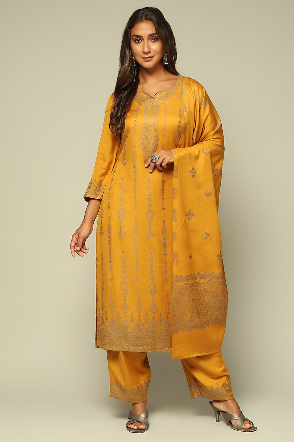 Mustard Acrylic A-Line Yarn Dyed Kurta Palazzo Suit Set image number 6