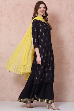 Navy Blue Straight Printed Suit Set image number 6