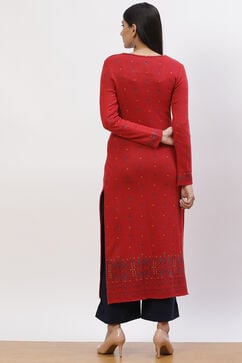 Red Jacquard Straight Kurta image number 4