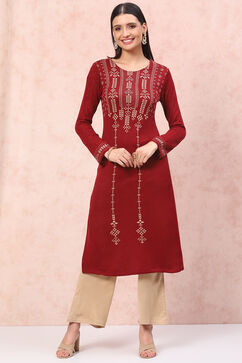 Maroon Acrylic Straight Kurta image number 0