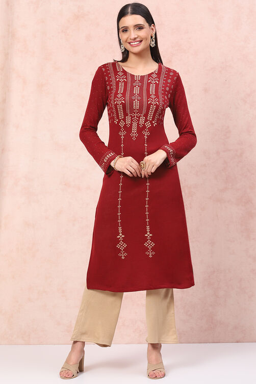 Maroon Acrylic Straight Kurta image number 0