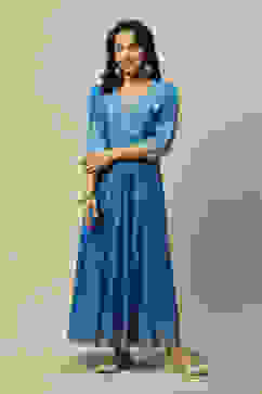 Blue LIVA Flared Printed Dress image number 5