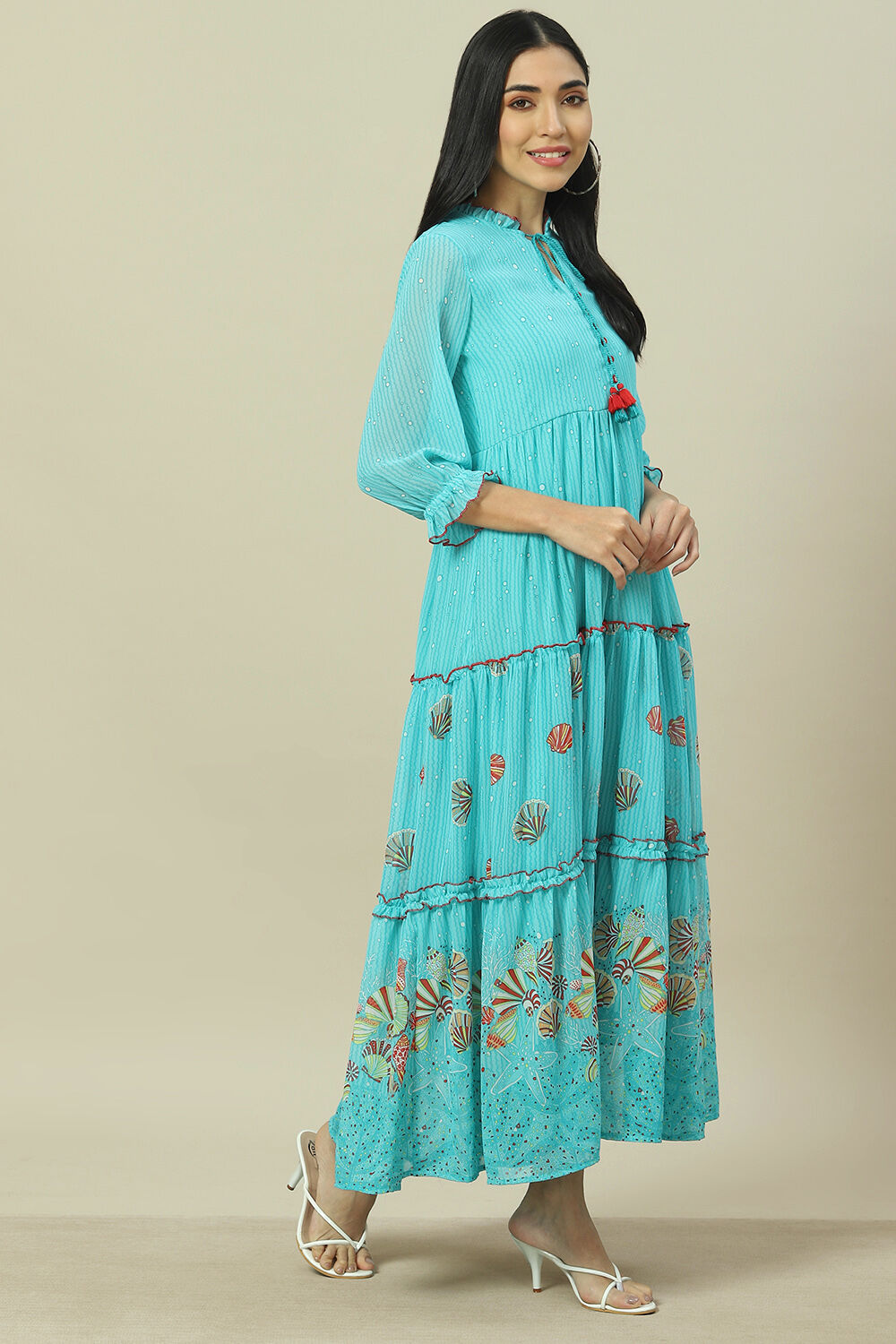 Sea Green Cotton Blend Tiered Dress image number 3