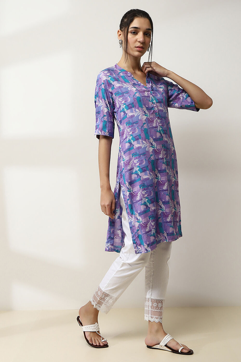 Teal Printed Straight Kurta image number 4