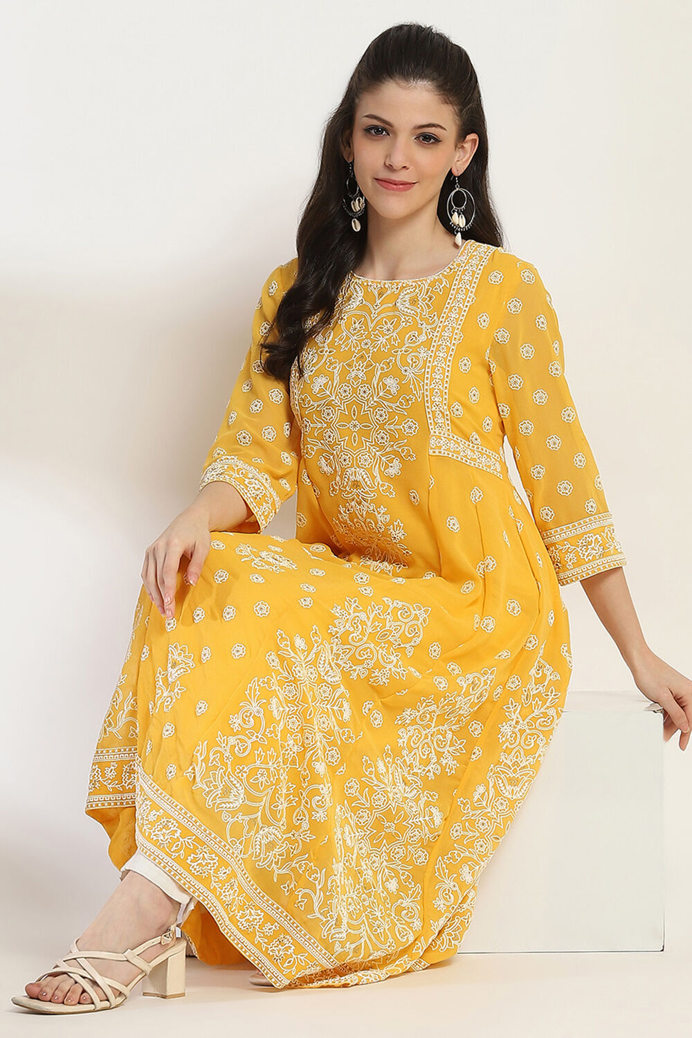 Mustard Yellow Printed Flared Kurta image number 0