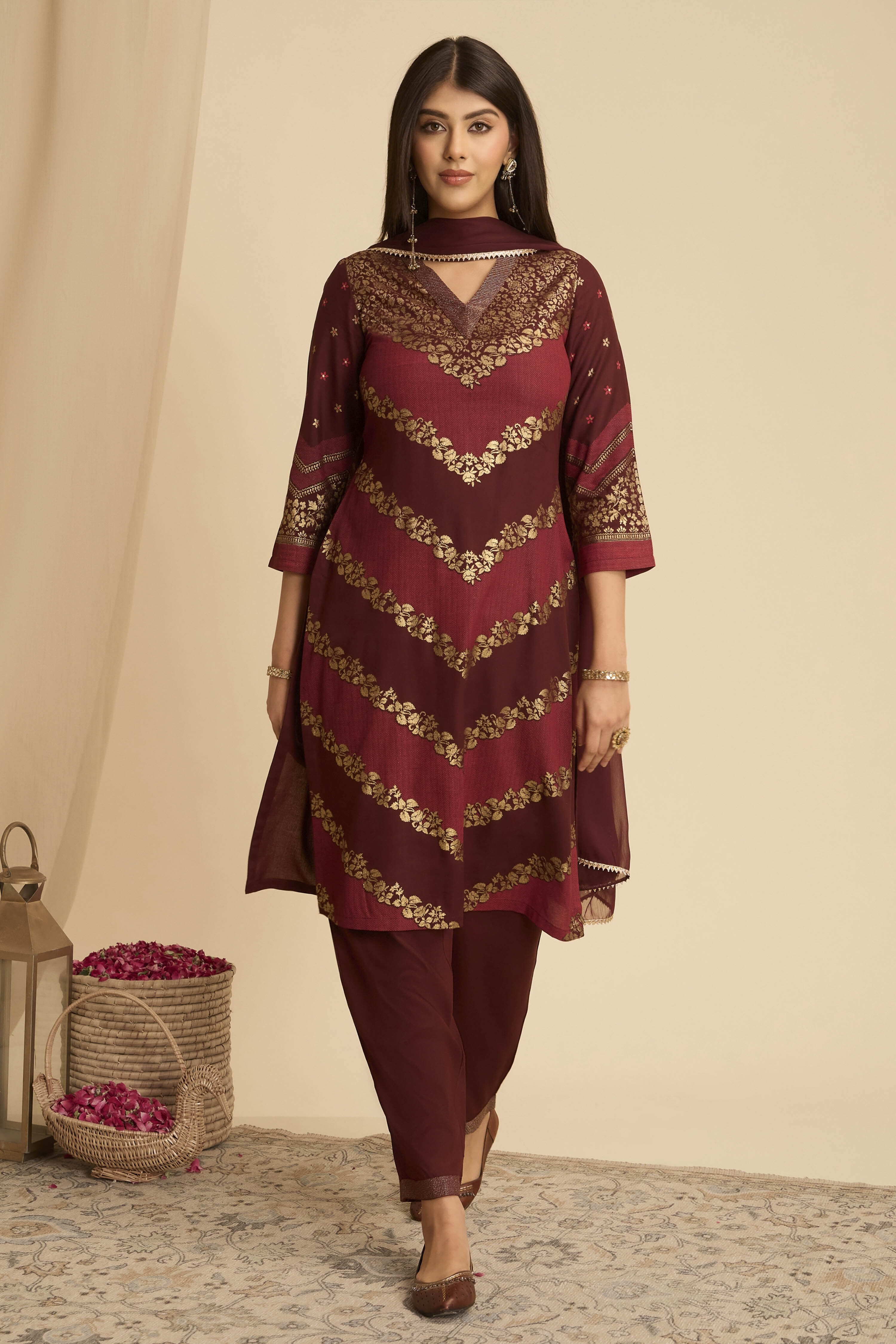 Brown Viscose Rayon Straight Printed Suit Set image number 0