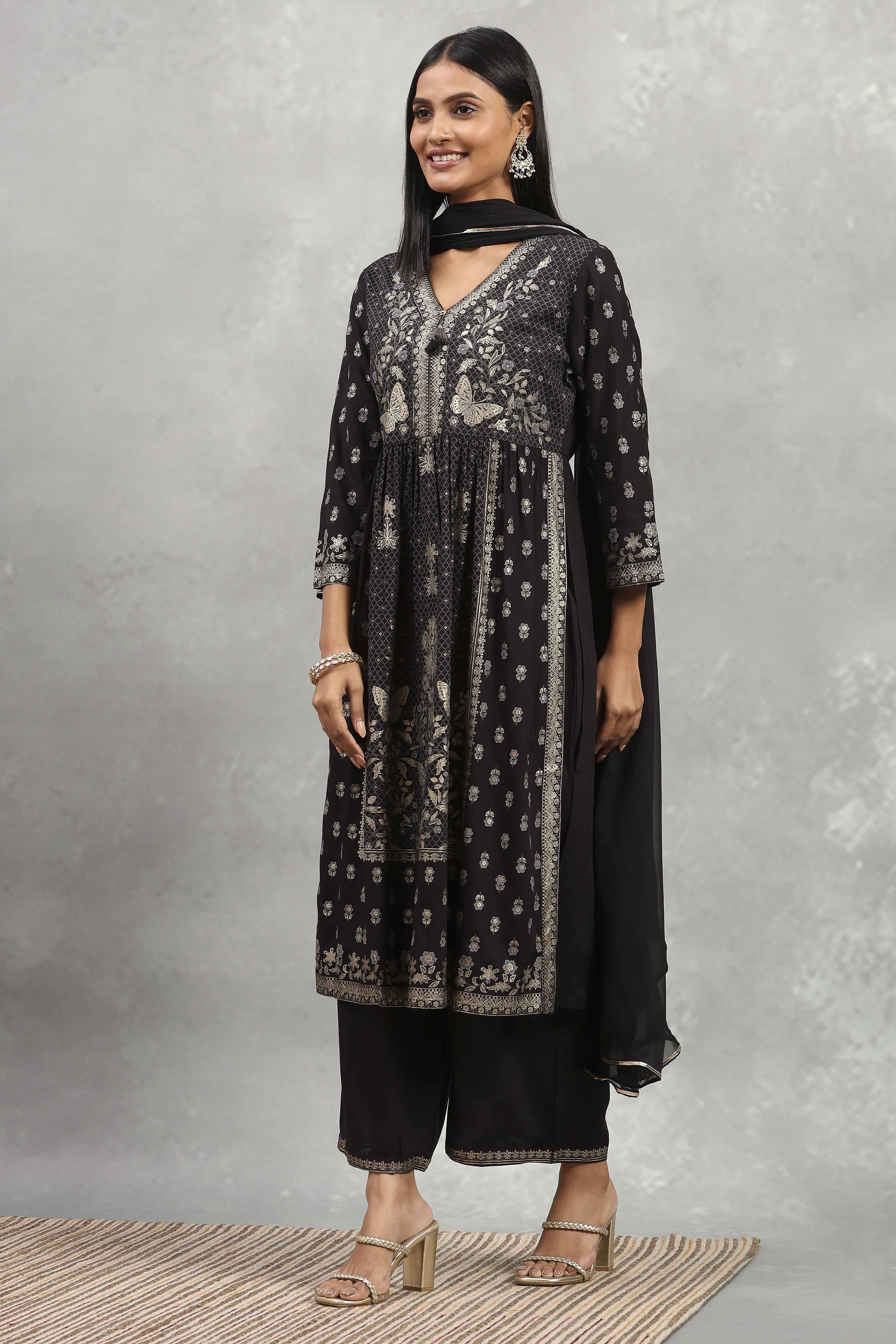 Black Viscose Blend Printed Gathered Suit Set image number 3