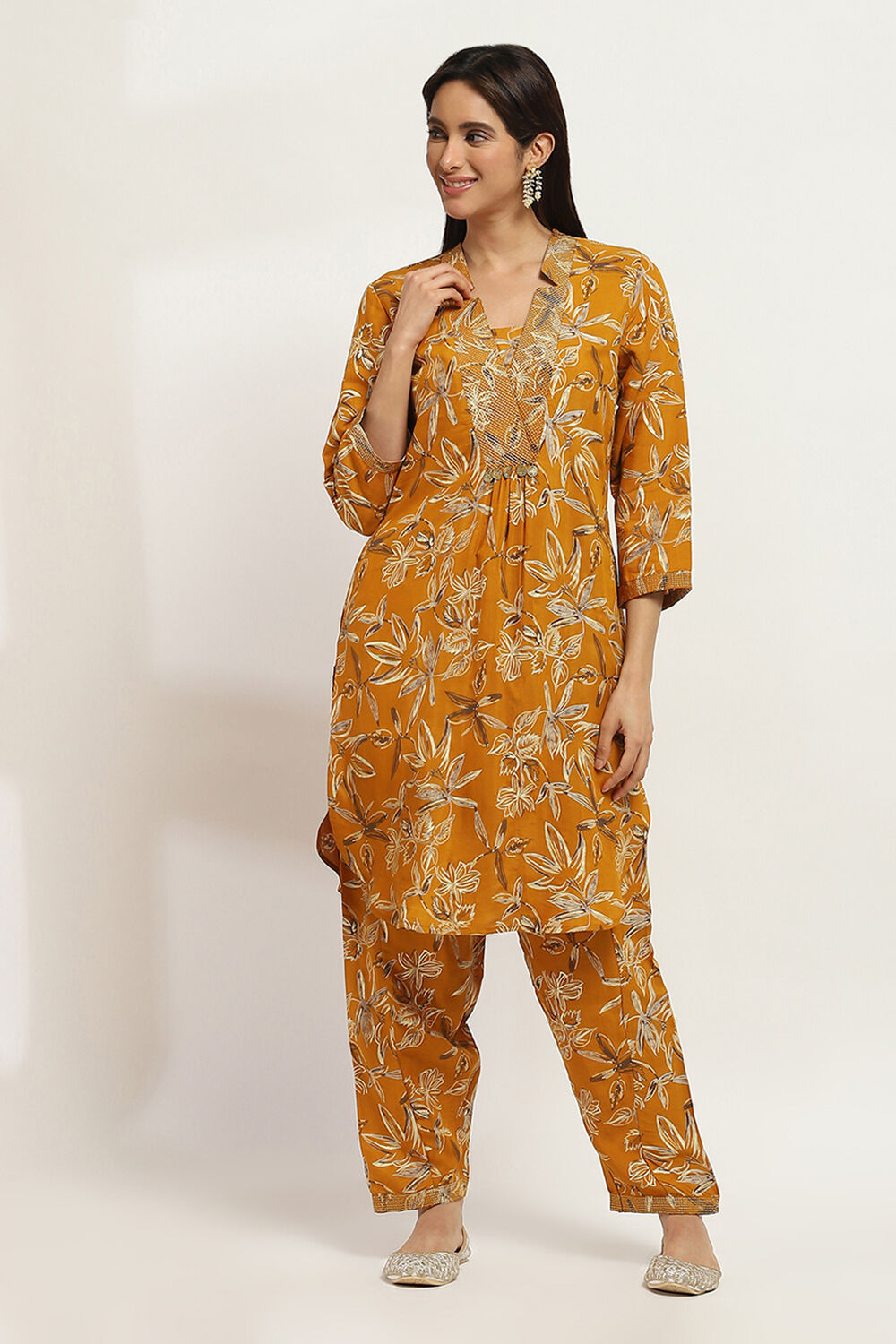 Mustard Yellow Printed Straight Co-ord Set image number 5