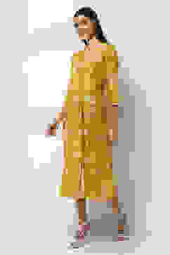 Yellow Cotton Printed Flared Dress image number 2