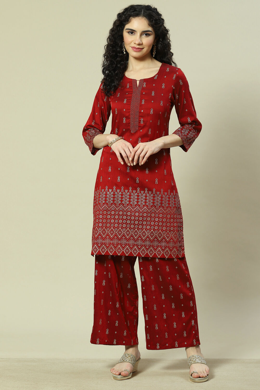 Maroon Cotton Blend Woven Straight Kurta Suit Set image number 6